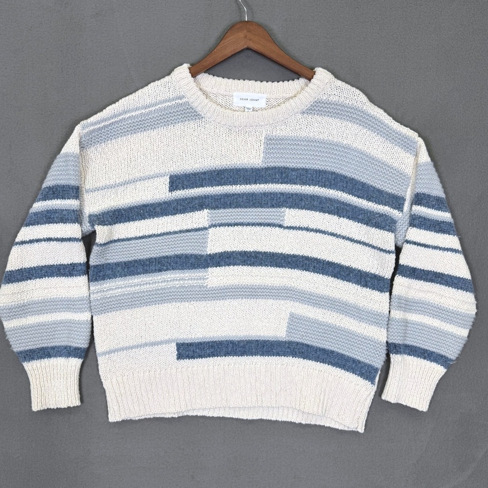 Dear John Sweater Women L Blue Striped Knit Long Sleeve Pullover Top Chunky